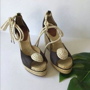 Kate Spade Chocolate Brown Satin Open Toe Wedges